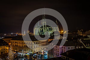 Scenic view on chrismas Brno center, Zelny trh and cathedral of Saint Peter photo