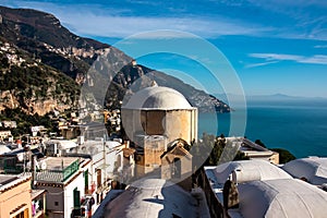 Scenic view of church Chiesa Nuova in coastal town Positano on the Amalfi Coast in the Provice of Salerno in Campania, Italy