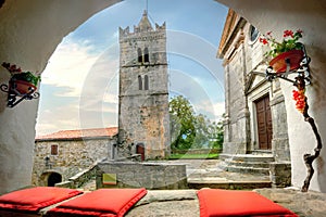 Scenic view of church and tower in small Hum town. Istria, Croatia