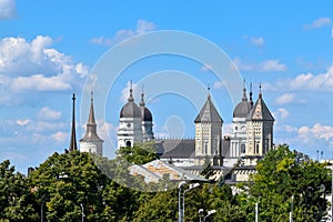 Scenic view of churches in Iasi seen from Voivodes' Hall in Palace of culture in Romania