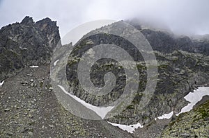 Scénický pohled na zataženo deštivé skalnaté pohoří Vysoké Tatry pokryté mlhou