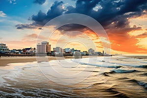 Scenic view of a coastal city skyline against a vibrant sunset sky with waves crashing ashore