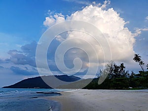 Scenic view of coastline against sunset sky