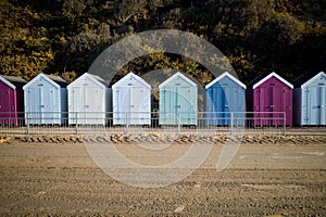 Scenic view of colorful beach huts in a row in Bournemouth, UK