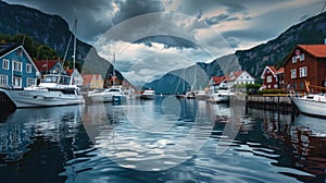 Scenic view of colorful houses and boats in Norwegian fjord