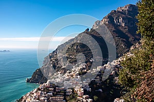 Scenic view of the colorful houses of the coastal town Positano on the Amalfi Coast in the Provice of Salerno in Campania, Italy