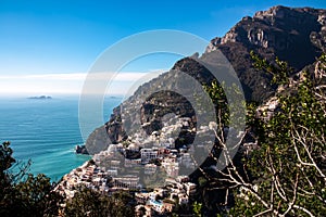 Scenic view of the colorful houses of the coastal town Positano on the Amalfi Coast in the Provice of Salerno in Campania, Italy