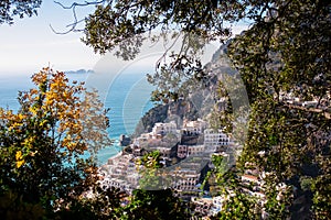 Scenic view of the colorful houses of the coastal town Positano on the Amalfi Coast in the Provice of Salerno in Campania, Italy