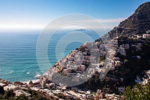 Scenic view of the colorful houses of the coastal town Positano on the Amalfi Coast in the Provice of Salerno in Campania, Italy