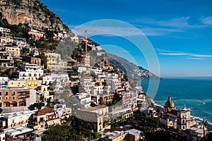 Scenic view of colorful houses of the coastal town Positano on the Amalfi Coast in the Provice of Salerno in Campania, Italy