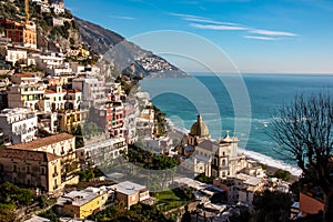 Scenic view of colorful houses of the coastal town Positano on the Amalfi Coast in the Provice of Salerno in Campania, Italy