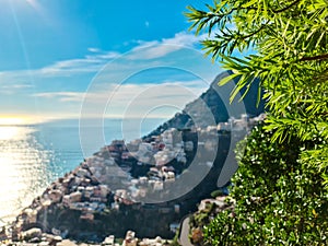 Scenic view of the colorful houses of the coastal town Positano on the Amalfi Coast in the Provice of Salerno in Campania, Italy