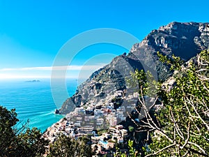 Scenic view of the colorful houses of the coastal town Positano on the Amalfi Coast in the Provice of Salerno in Campania, Italy