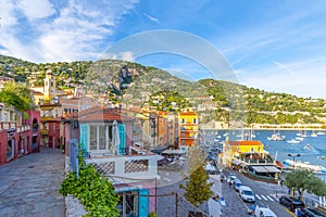 Scenic view of the colorful town, bay and marina of Villefranche Sur Mer, on the French Riviera coast of Southern France