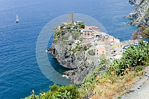 Scenic view of colorful village Vernazza and ocean coast