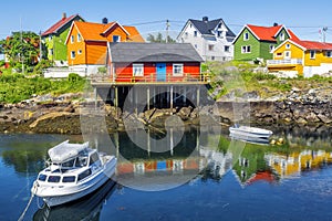 Scenic view of Colorful wooden buildings in Henningsvaer in summer.