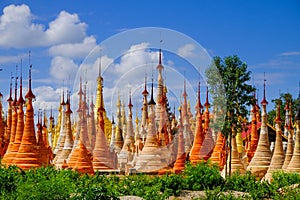 Scenic view of colorufl pagodas in Indein village, Inle lake