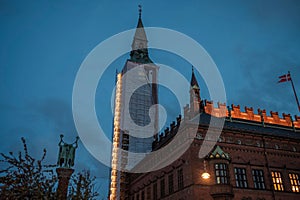 Scenic view of the Copenhagen City Hall in the evening.