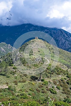 Scenic view of Corsica, the ruin of the Pasciola fortress in the mountains