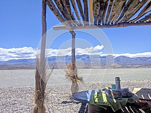 Scenic view of Cuesta del Viento Dam Beach and Parador in Rodeo, San Juan, Argentina photo