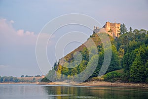 Scenic view of Czorsztyn Castle and artificial Czorsztynskie Lake in Southern Poland