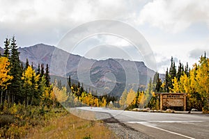 Scenic view of Denali National park road with Park road sign