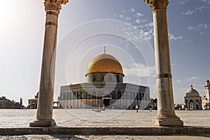 Scenic view of the Dome of the Rock through the arches of the scales of souls in old city of Jerusalem, Israel. The Islamic shrine