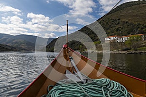 Scenic view of the Douro River and the Douro Valley from a rabelo boat, in Portugal