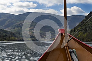 Scenic view of the Douro River and the Douro Valley from a rabelo boat, in Portugal
