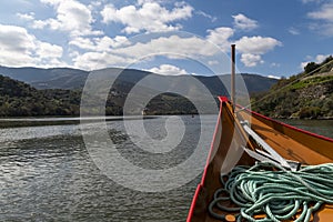 Scenic view of the Douro River and the Douro Valley from a rabelo boat, in Portugal