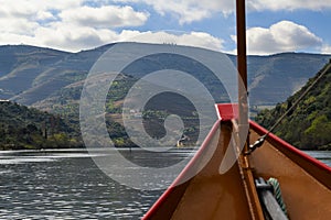 Scenic view of the Douro River and the Douro Valley from a rabelo boat, in Portugal