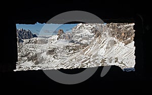 Scenic View from from the drei Zinnen. Winter Landscape of the Dolomites in SÃÂ¼dtirol. Beautiful Mountains in the Italian Alps photo