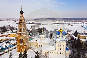 Bronnitsy cityscape with temple complex of Cathedral of Archangel Michael in winter
