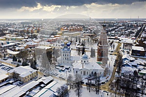 Bronnitsy cityscape with temple complex of Cathedral of Archangel Michael in winter