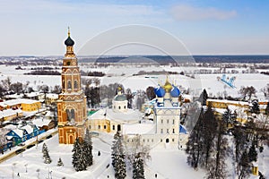 Bronnitsy cityscape with temple complex of Cathedral of Archangel Michael in winter