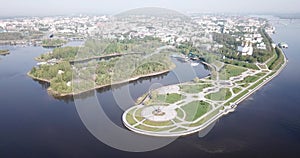 Scenic view from drone of Yaroslavl with park at Strelka in place of confluence of Kotorosl and Volga rivers and