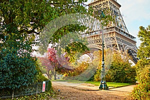 Scenic view of the Eiffel tower and Champ de Mars park on a fall day