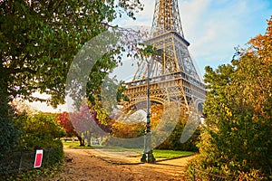 Scenic view of the Eiffel tower and Champ de Mars park on a fall day