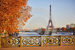 Scenic view of the Eiffel tower over the river Seine from Mirabeau bridge on a bright fall day in Paris