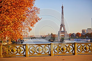 Scenic view of the Eiffel tower over the river Seine from Mirabeau bridge on a bright fall day in Paris