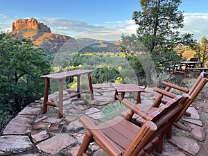 Empty chairs staring at sedona red rocks