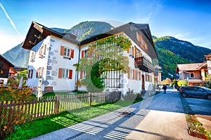 Scenic view of famous Hallstatt viilage. Typical Austrian Alpine