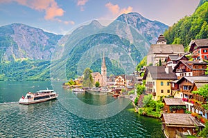 Scenic view of famous Hallstatt village in Austria photo