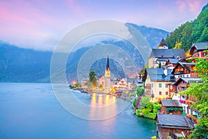 Scenic view of famous Hallstatt village in Austria photo