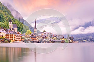 Scenic view of famous Hallstatt village in Austria photo