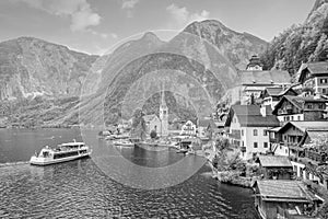 Scenic view of famous Hallstatt village in Austria photo