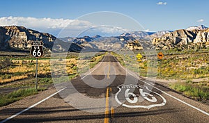 Scenic view of  famous Route 66 in classic american mountain scenery at sunset