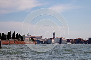 Venice - Scenic view from ferry of bell tower St Mark's Campanile, Venice, Veneto, Italy, Europe