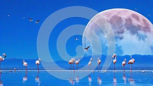 scenic view of flock of flamingos on a bank of lake