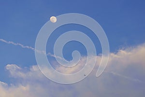 Scenic view of the Full Moon in the blue sky covered in white puffy clouds in daylight